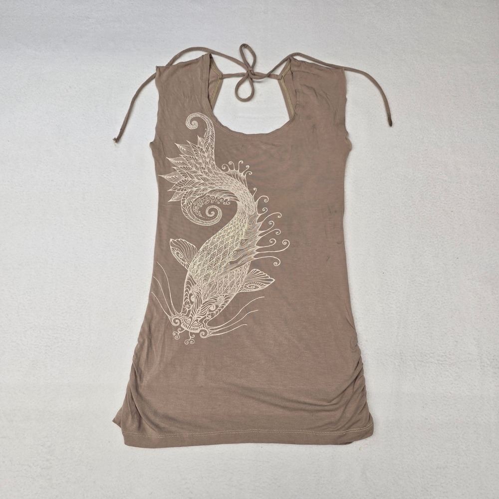 Leom Designs Women Tan Koi Fish Graphic Sleeveless Tunic Ruched Tie Back Top S